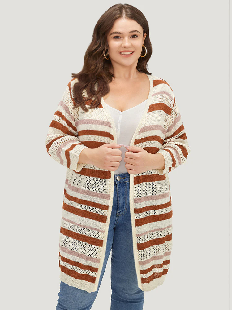Striped Hollow Out Open Front Split Hem Cardigan - Image 3