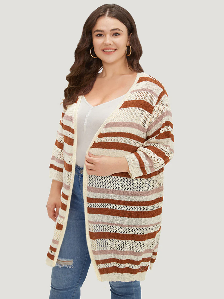 Striped Hollow Out Open Front Split Hem Cardigan - Image 4