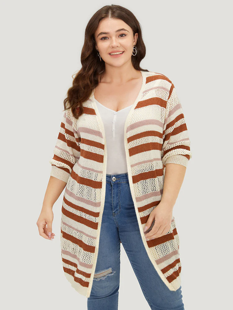 Striped Hollow Out Open Front Split Hem Cardigan - Image 5