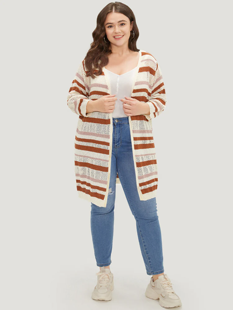 Striped Hollow Out Open Front Split Hem Cardigan - Image 6