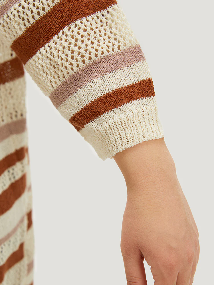 Striped Hollow Out Open Front Split Hem Cardigan - Image 8