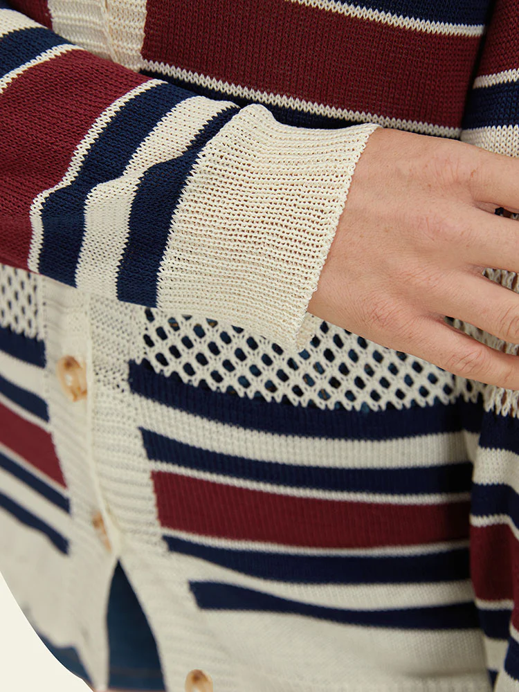 Striped Hollow Out Patchwork Button Detail Cardigan - Image 10