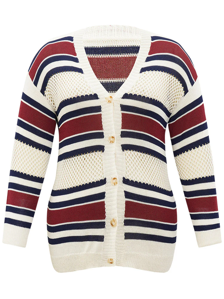 Striped Hollow Out Patchwork Button Detail Cardigan - Image 11