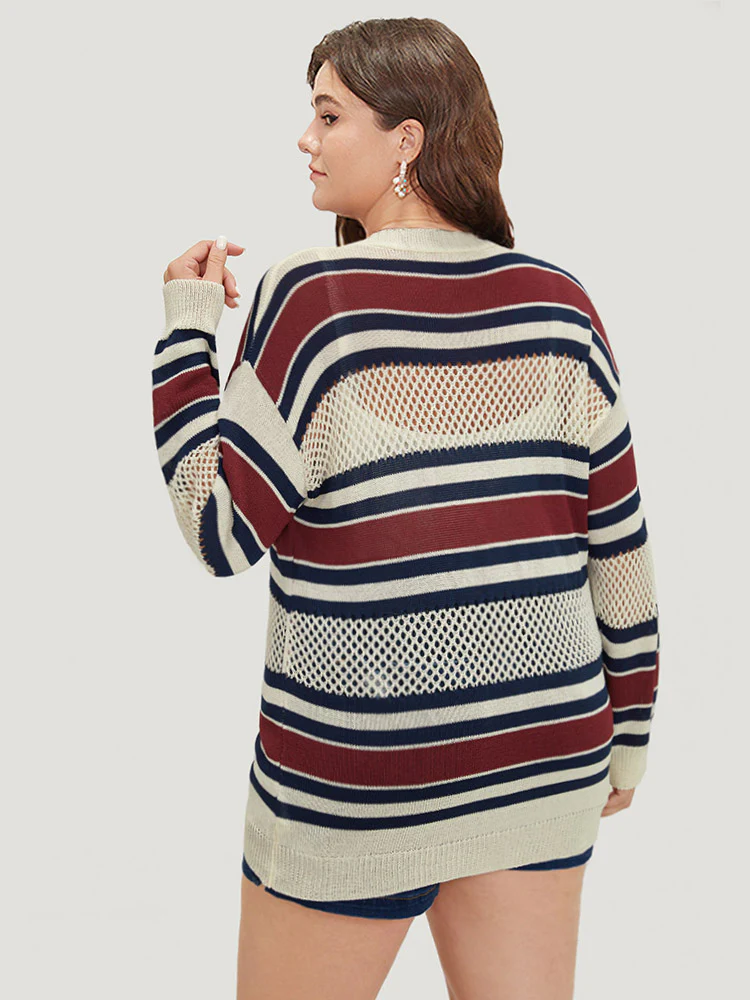 Striped Hollow Out Patchwork Button Detail Cardigan - Image 2