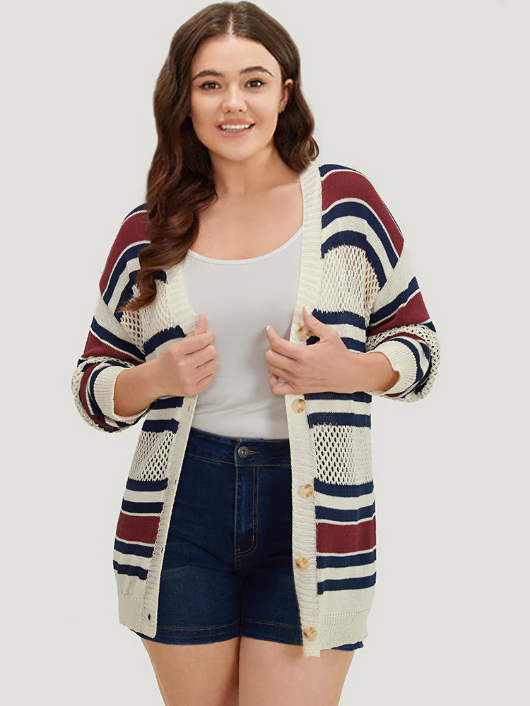 Striped Hollow Out Patchwork Button Detail Cardigan - Image 3