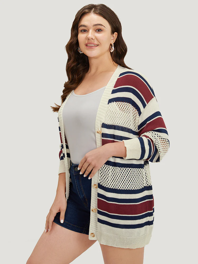 Striped Hollow Out Patchwork Button Detail Cardigan - Image 4