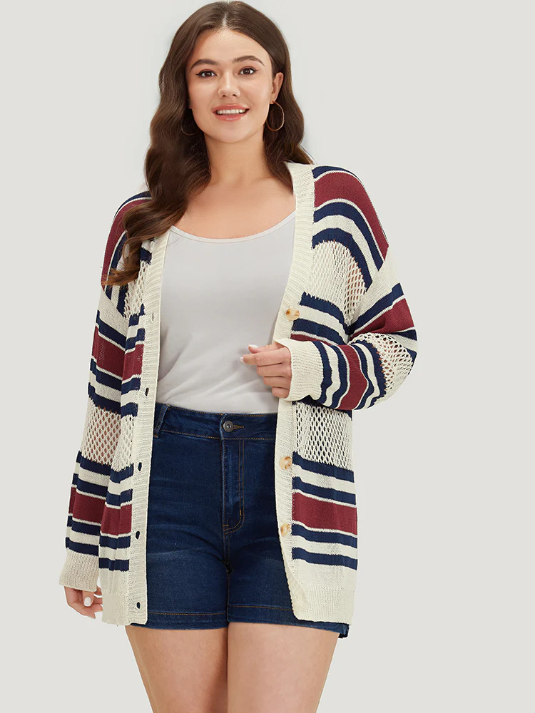 Striped Hollow Out Patchwork Button Detail Cardigan - Image 5