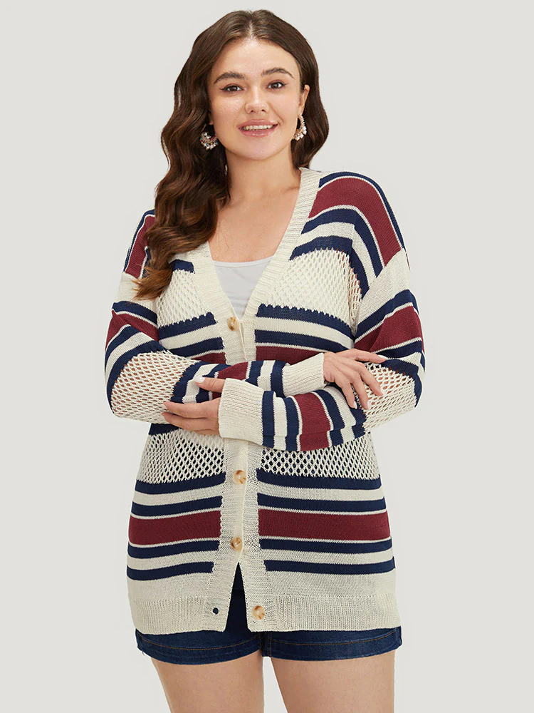 Striped Hollow Out Patchwork Button Detail Cardigan - Image 6