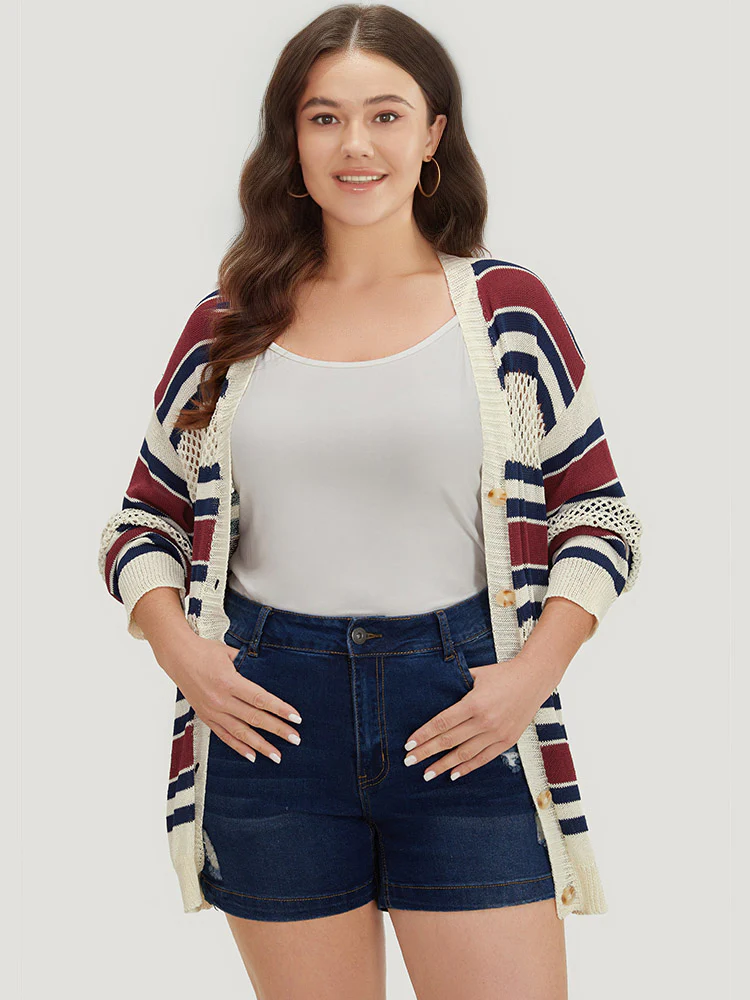 Striped Hollow Out Patchwork Button Detail Cardigan - Image 7