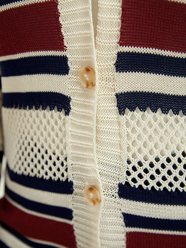 Striped Hollow Out Patchwork Button Detail Cardigan - Image 9