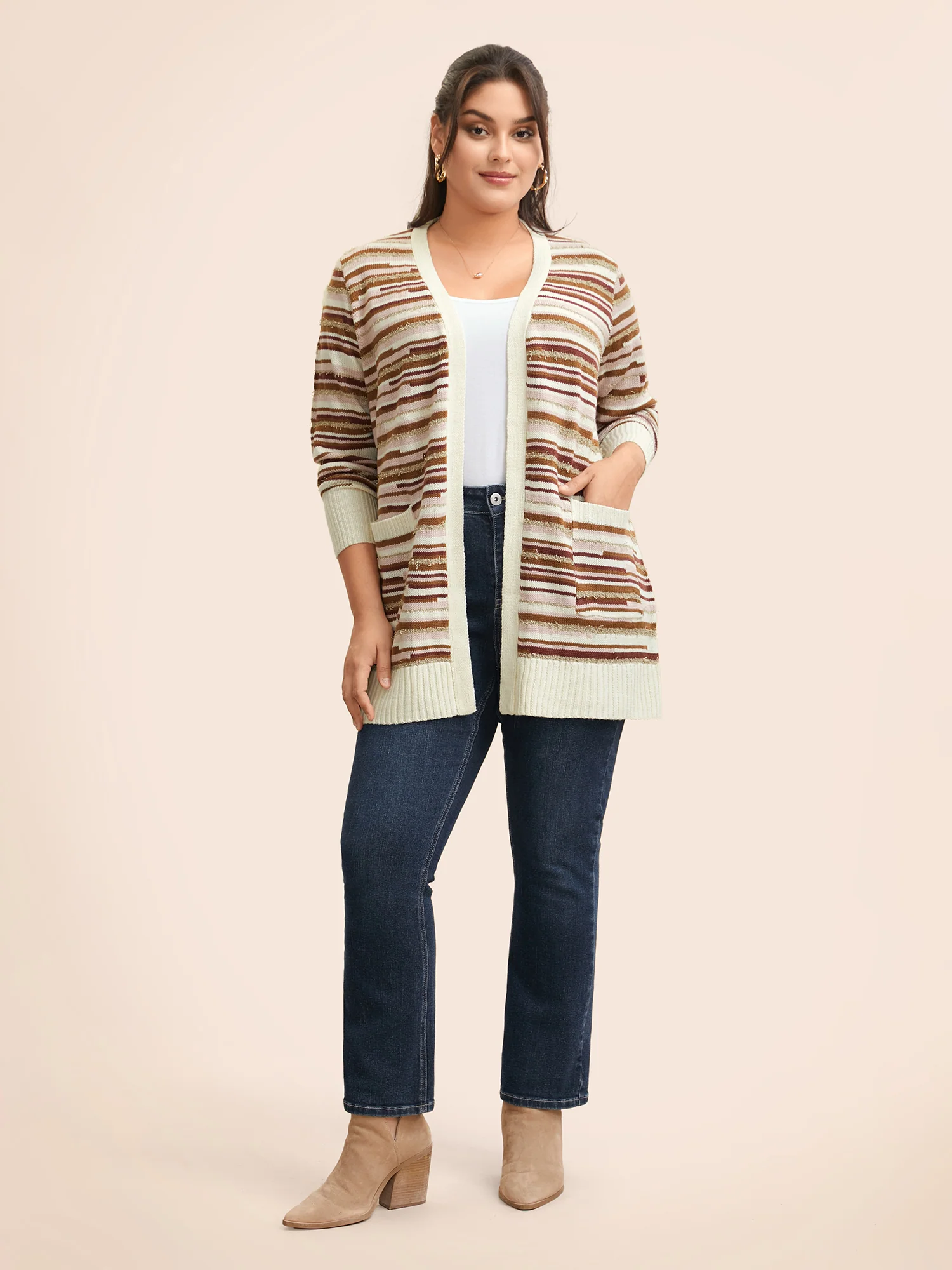 Striped Kimono Collar Pocket Cardigan - Image 2