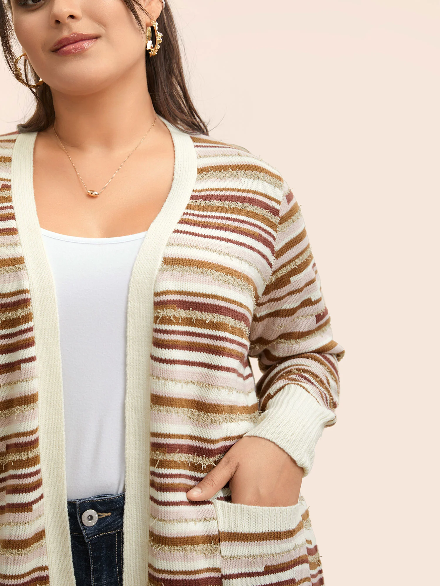 Striped Kimono Collar Pocket Cardigan - Image 3