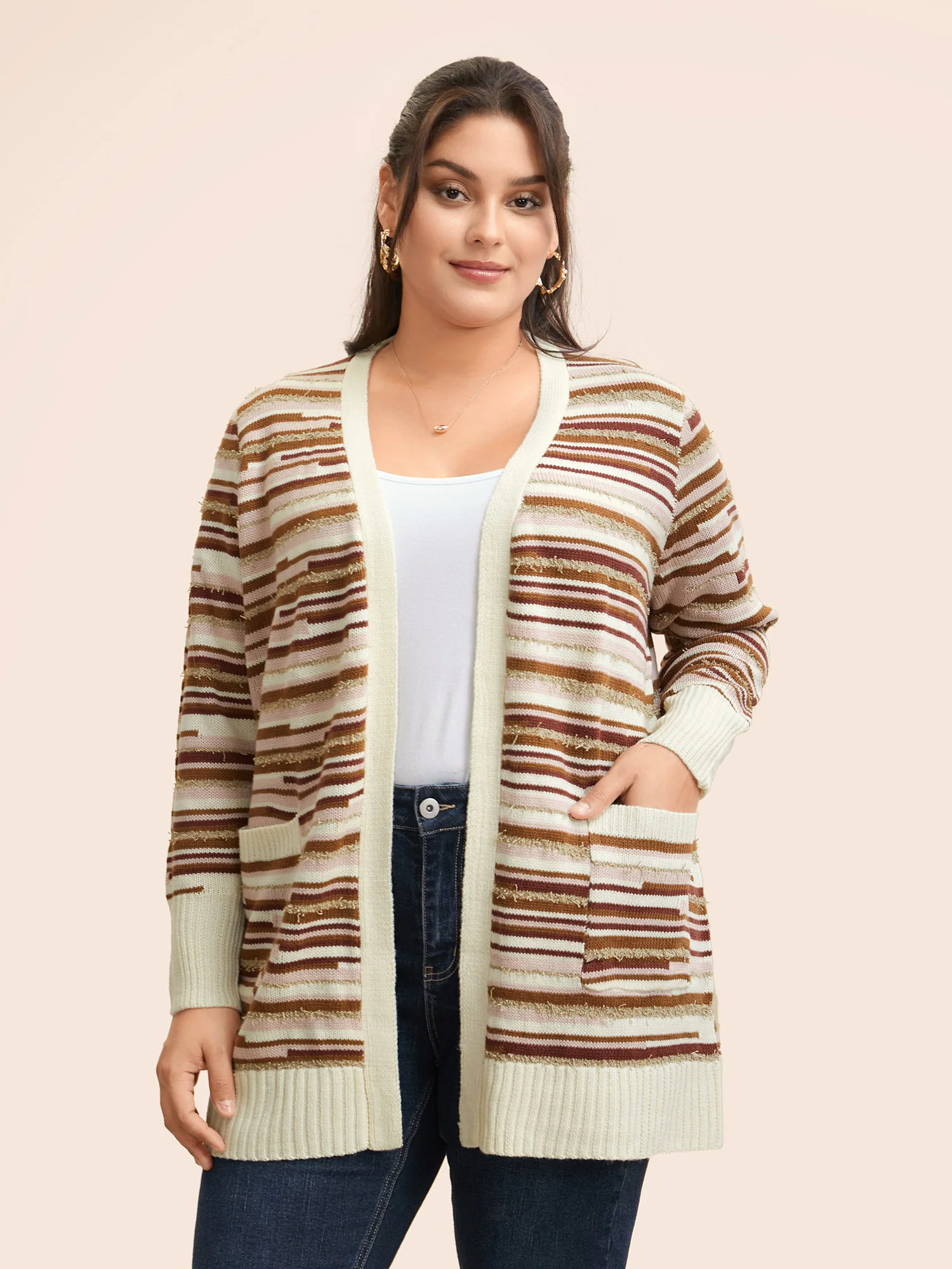 Striped Kimono Collar Pocket Cardigan - Image 4