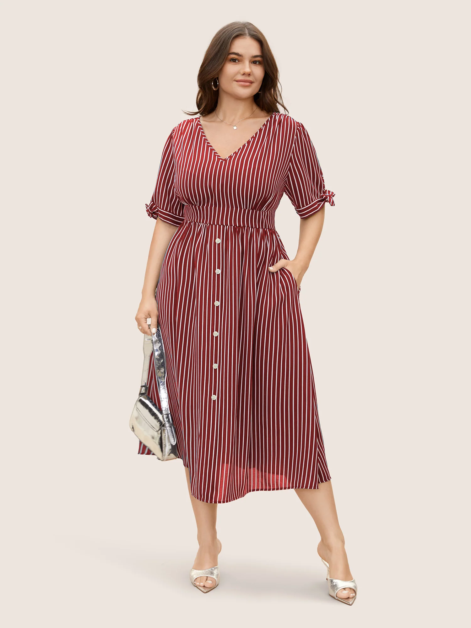 Striped Knot Sleeve Button Detail Dress - Image 10