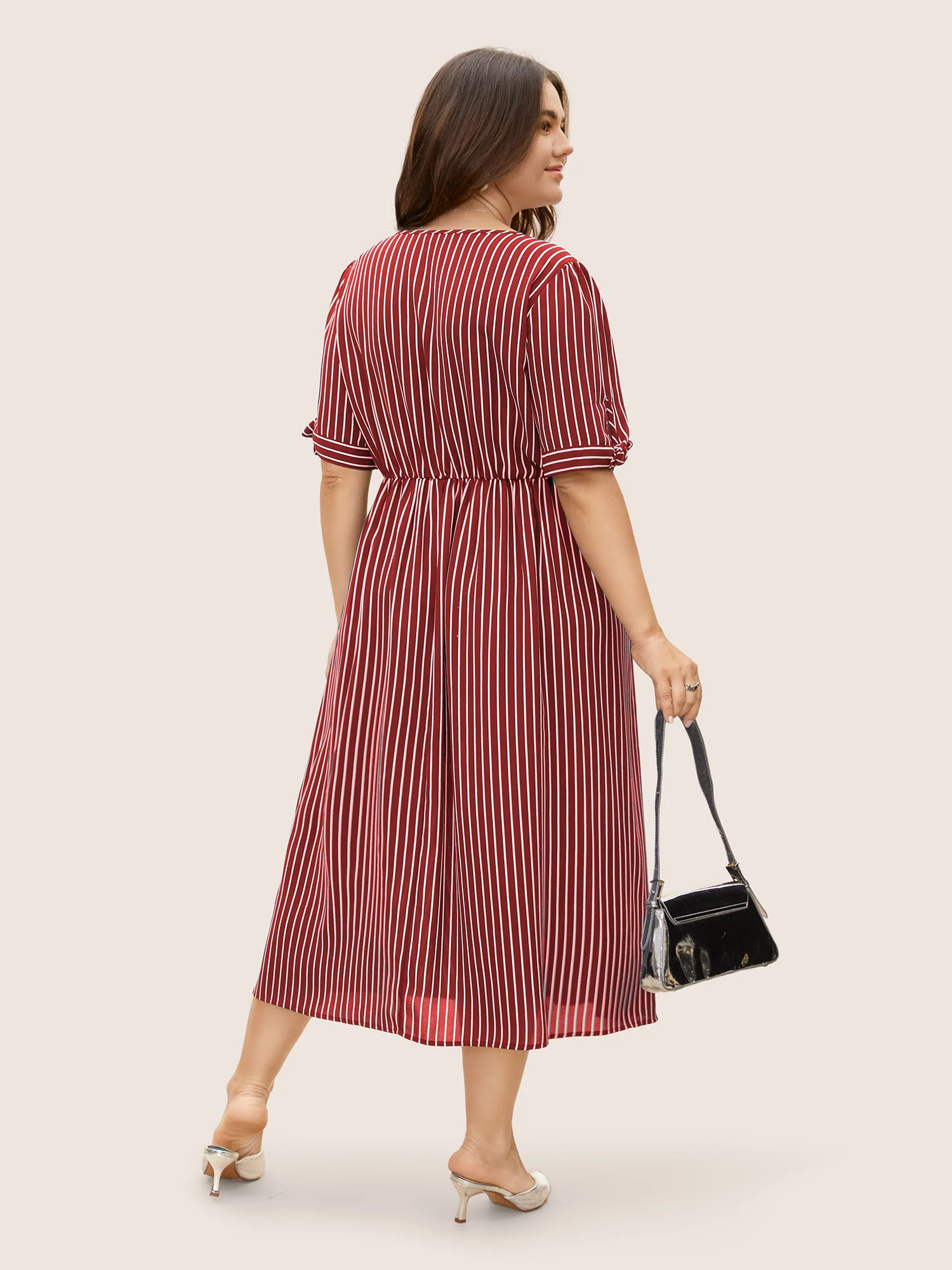 Striped Knot Sleeve Button Detail Dress - Image 11