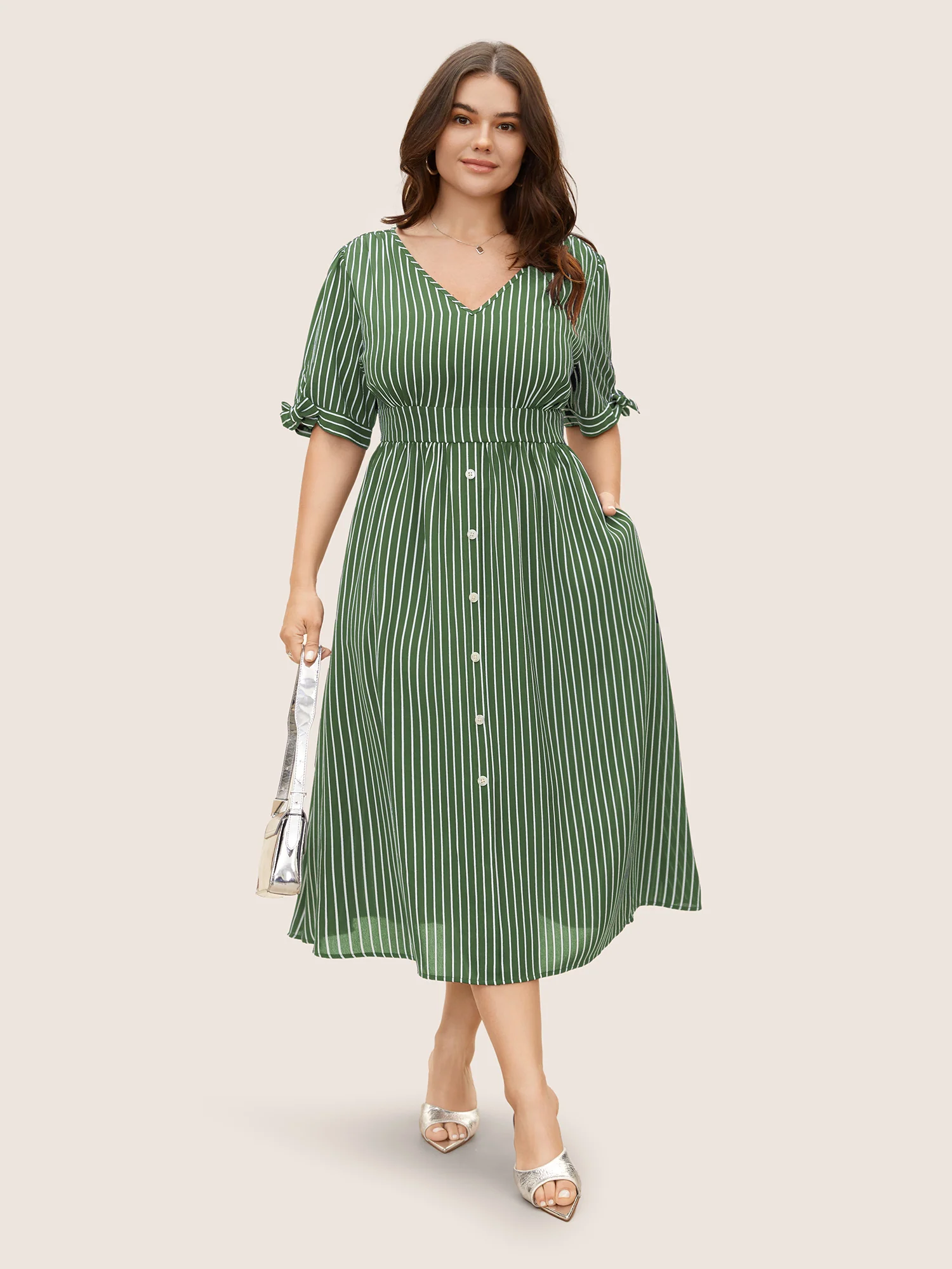 Striped Knot Sleeve Button Detail Dress - Image 12