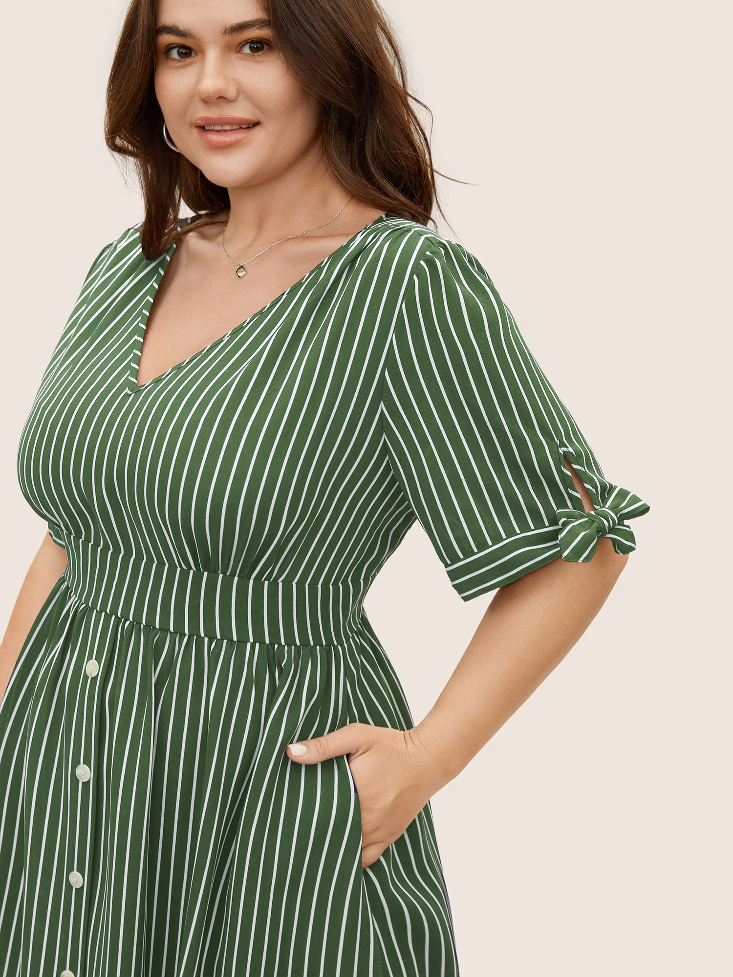 Striped Knot Sleeve Button Detail Dress - Image 13