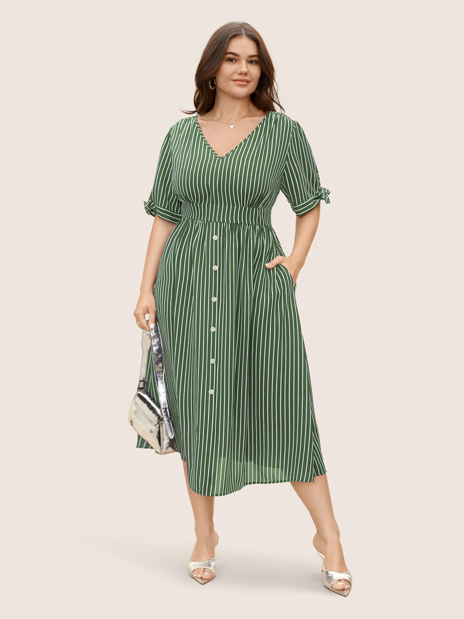 Striped Knot Sleeve Button Detail Dress - Image 14