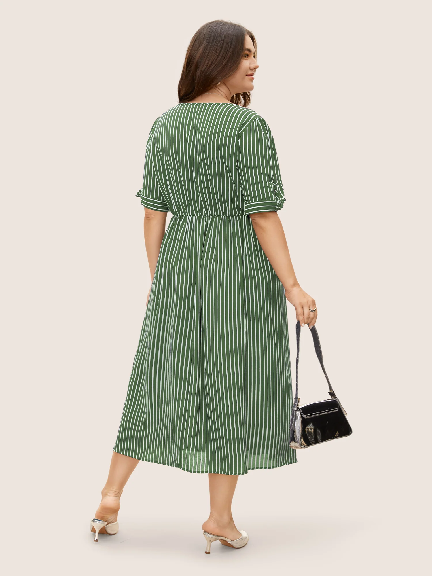 Striped Knot Sleeve Button Detail Dress - Image 15