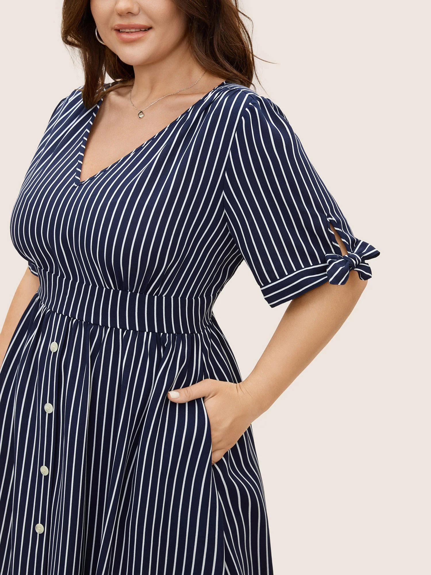 Striped Knot Sleeve Button Detail Dress - Image 2