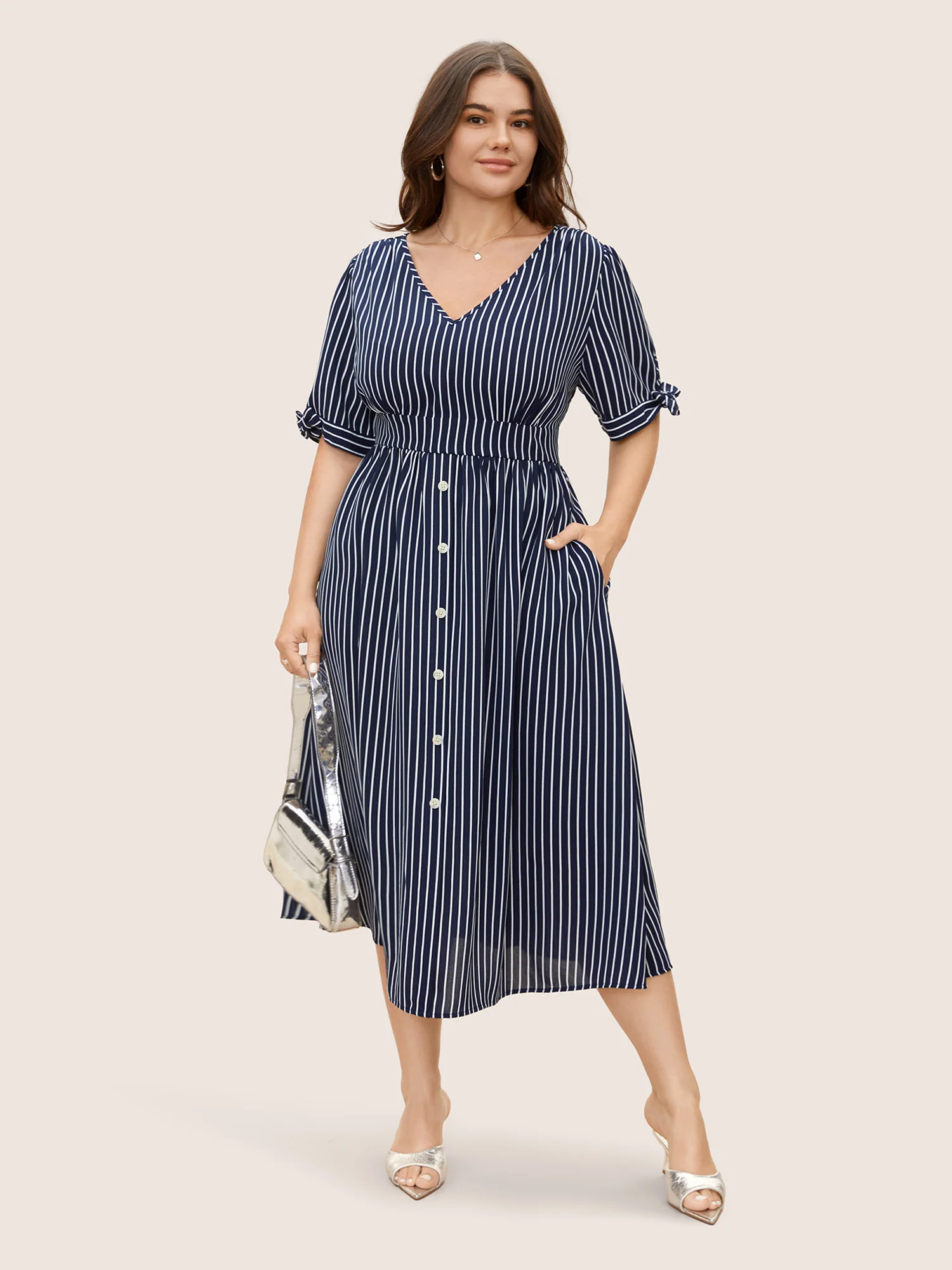 Striped Knot Sleeve Button Detail Dress - Image 3