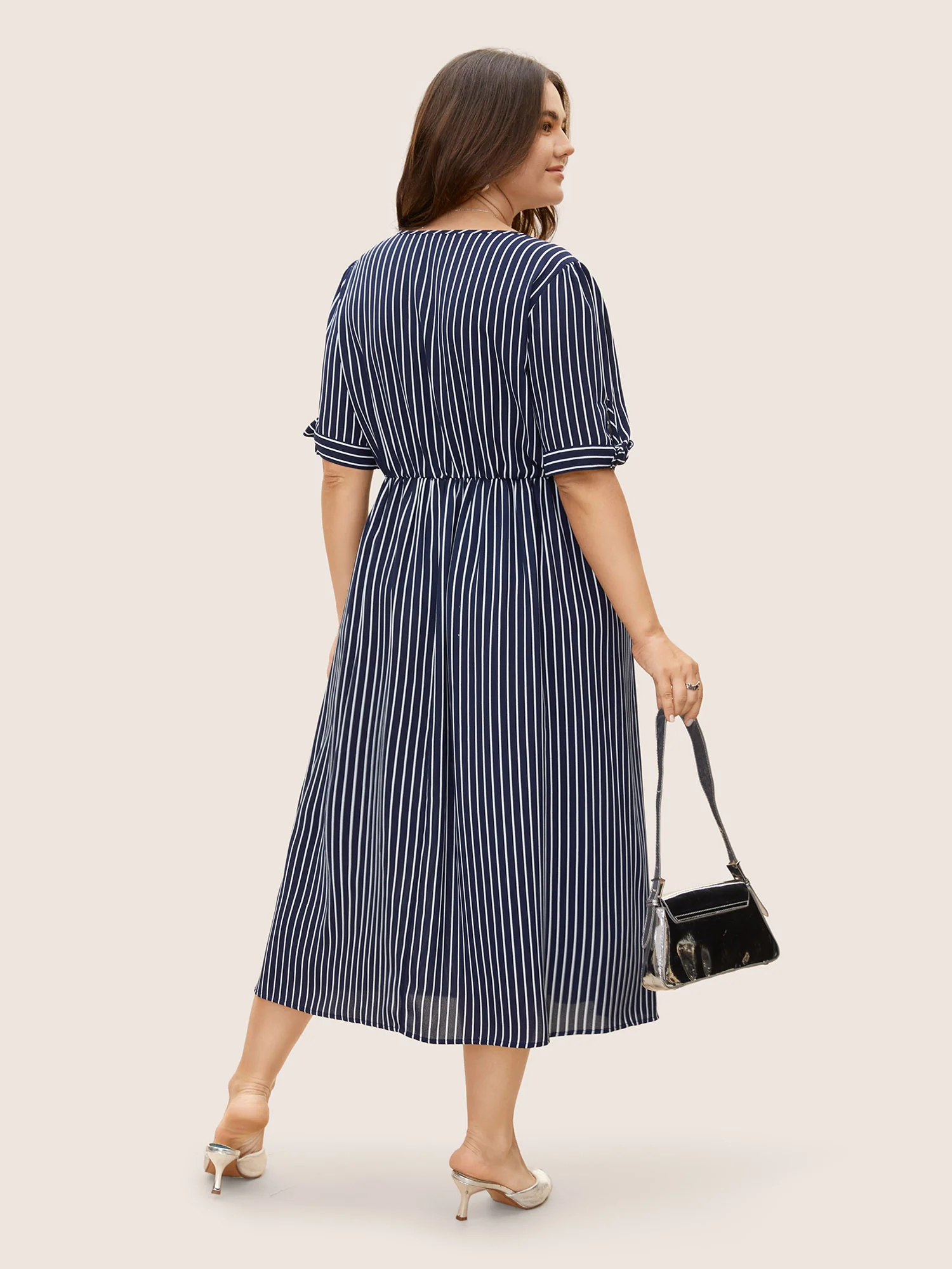 Striped Knot Sleeve Button Detail Dress - Image 4