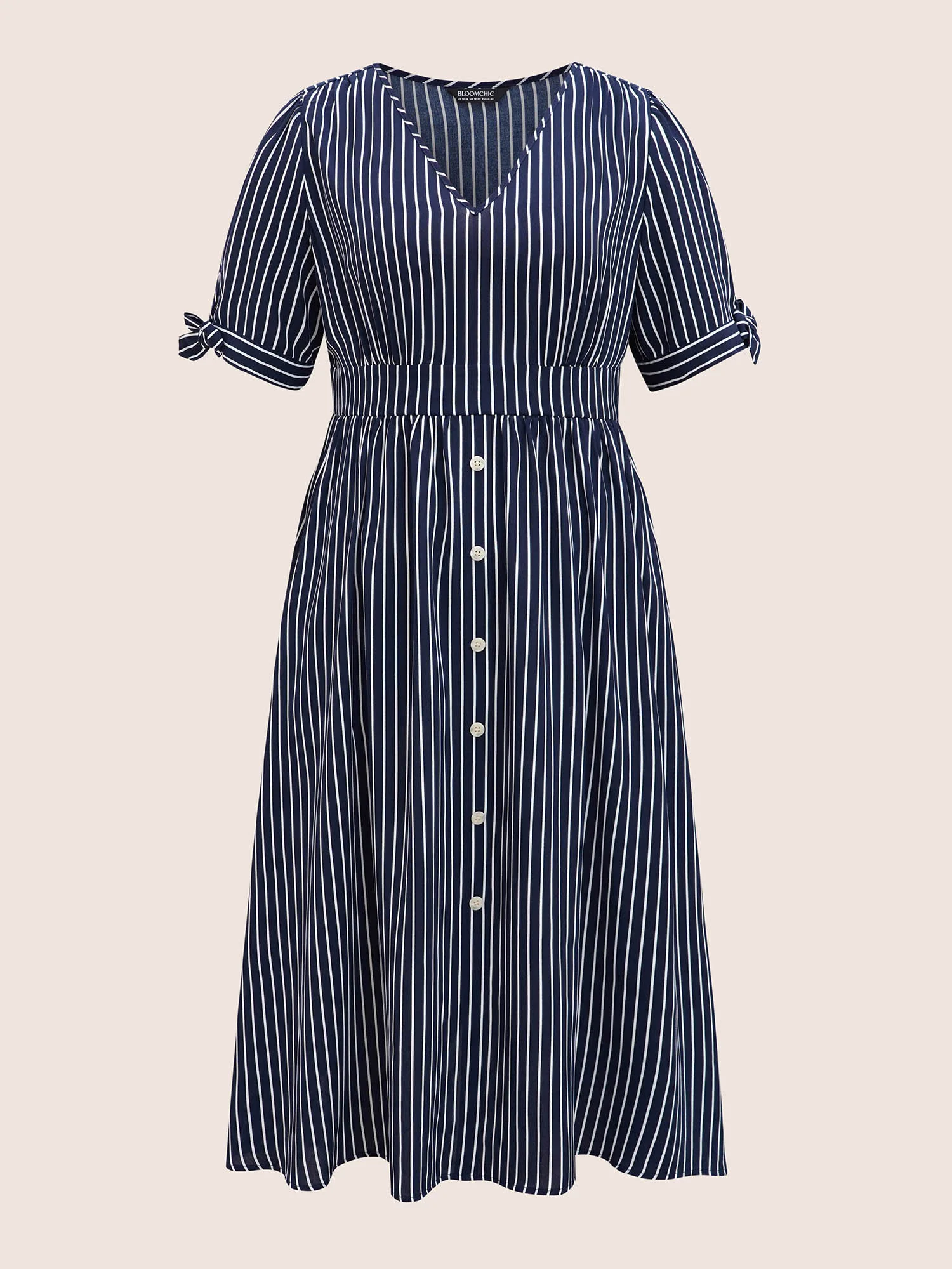 Striped Knot Sleeve Button Detail Dress - Image 7