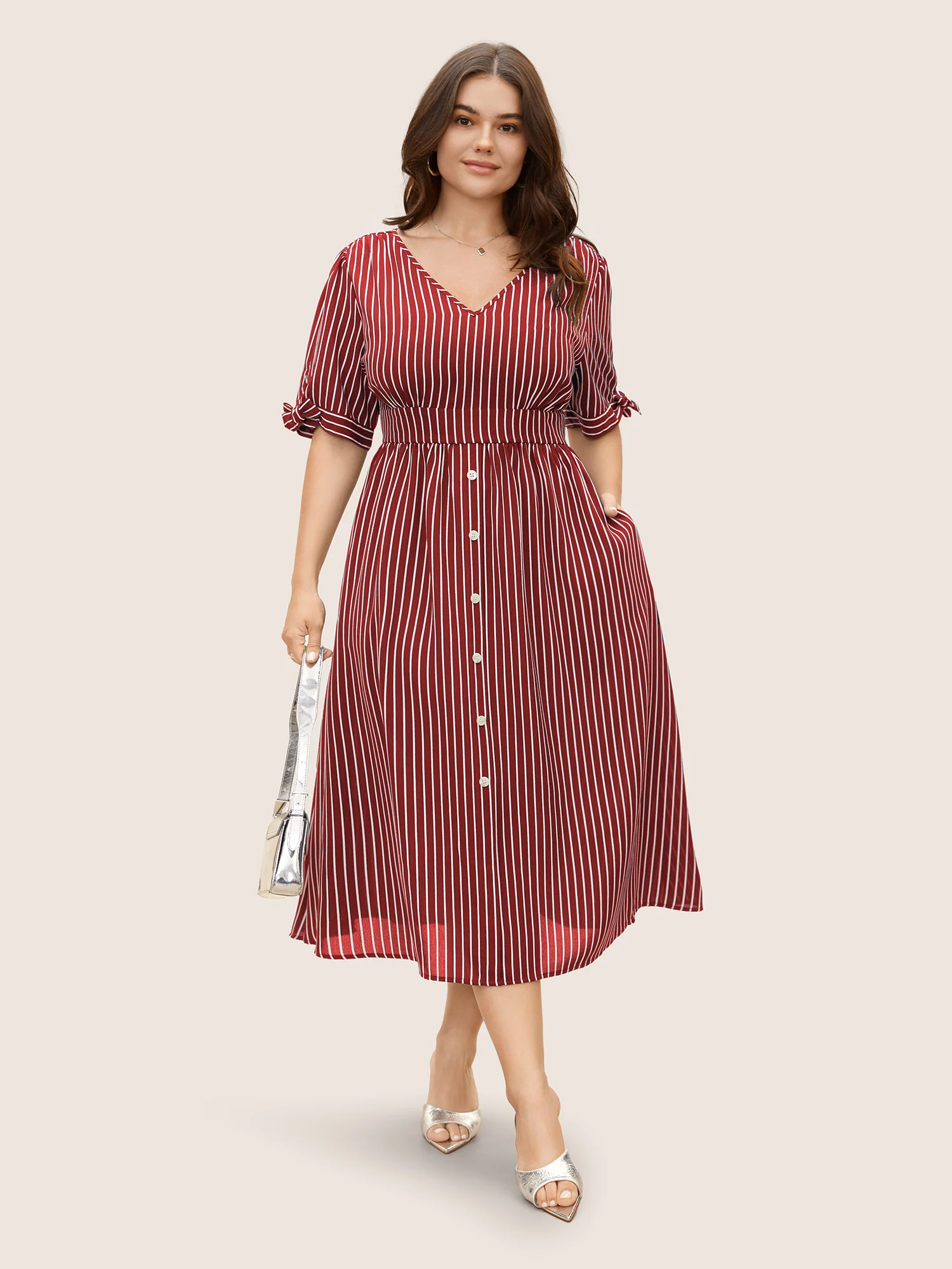 Striped Knot Sleeve Button Detail Dress - Image 8