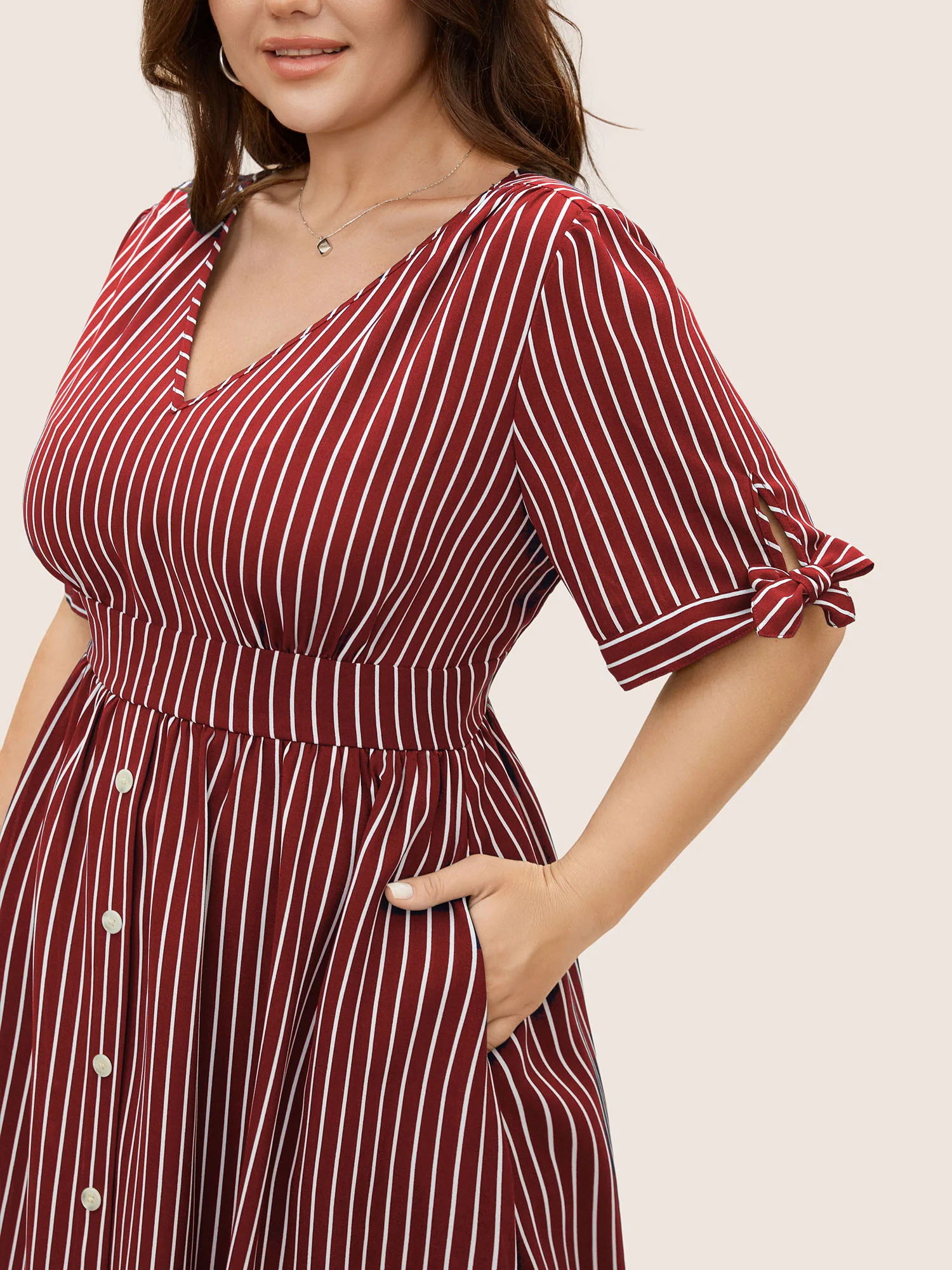 Striped Knot Sleeve Button Detail Dress - Image 9