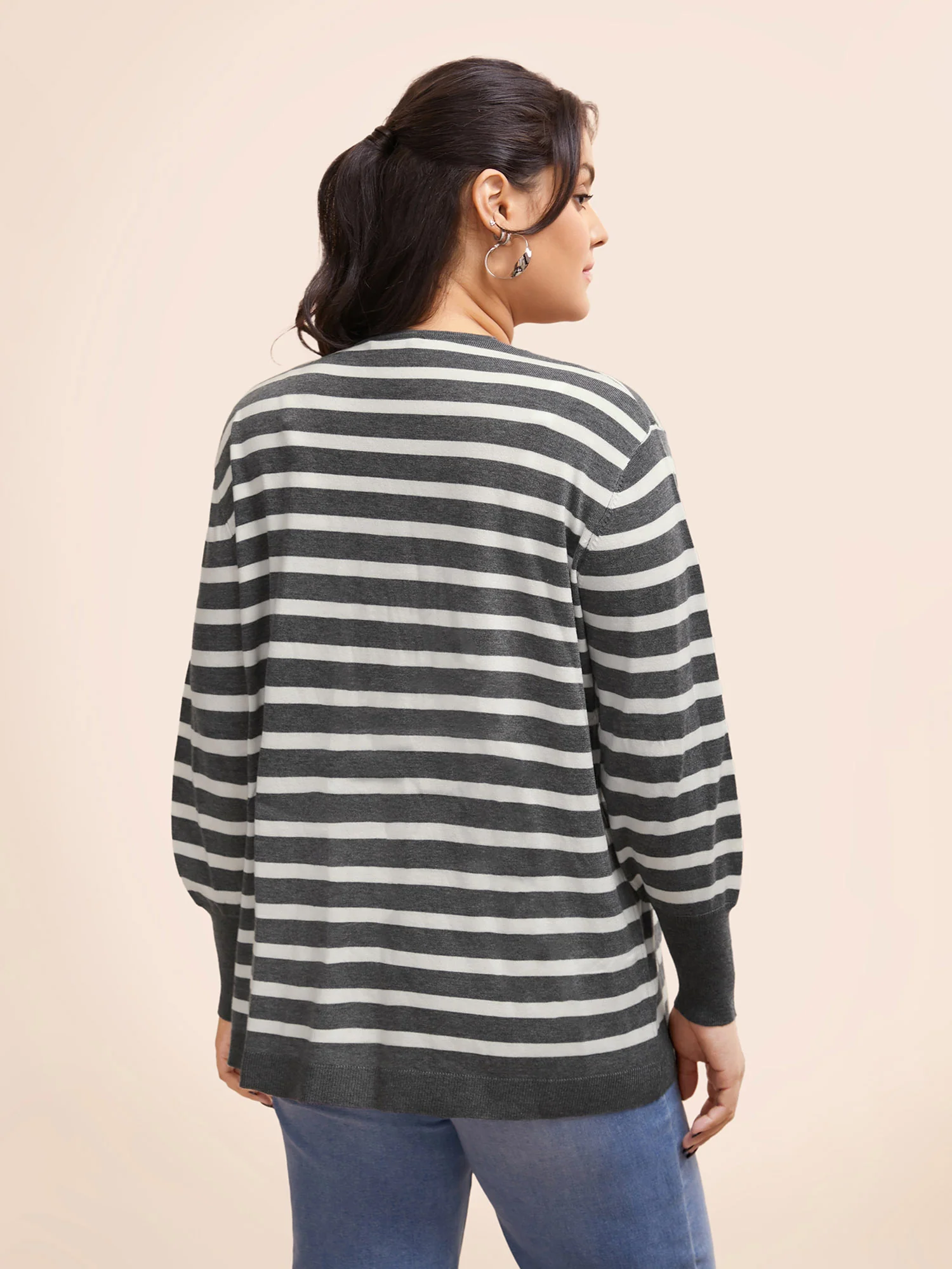 Striped Lantern Sleeve Patched Pocket Cardigan - Image 2