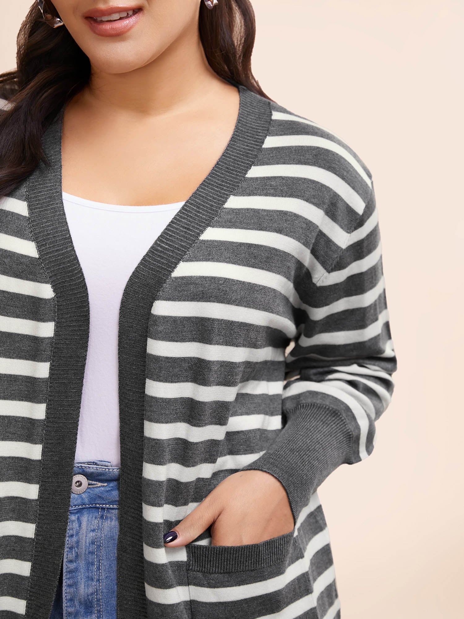 Striped Lantern Sleeve Patched Pocket Cardigan - Image 4