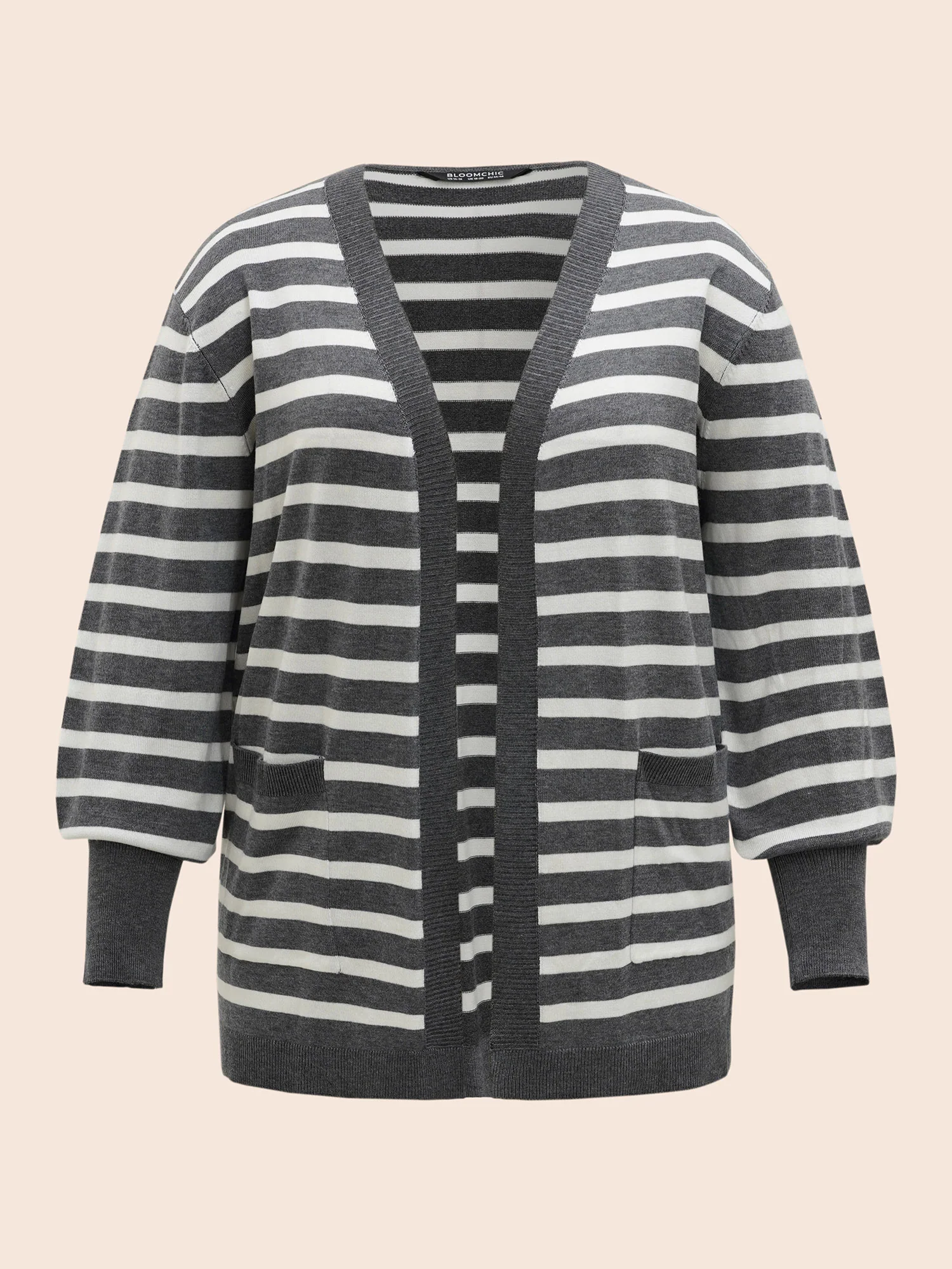 Striped Lantern Sleeve Patched Pocket Cardigan - Image 7
