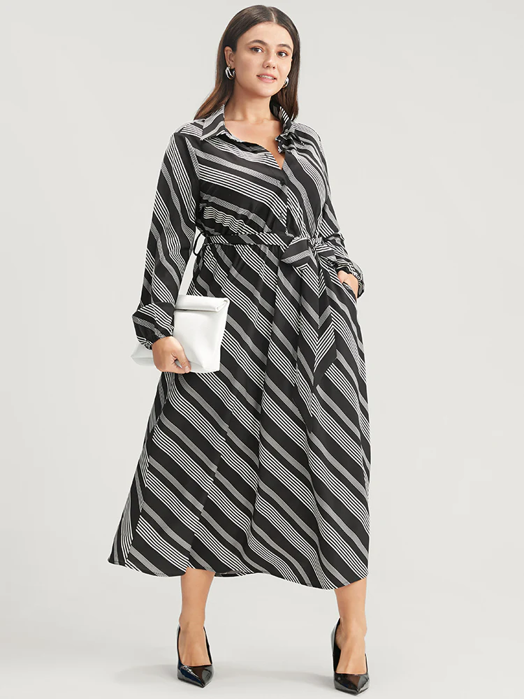 Striped Lantern Sleeve Pocket Belted Lapel Collar Dress - Image 2