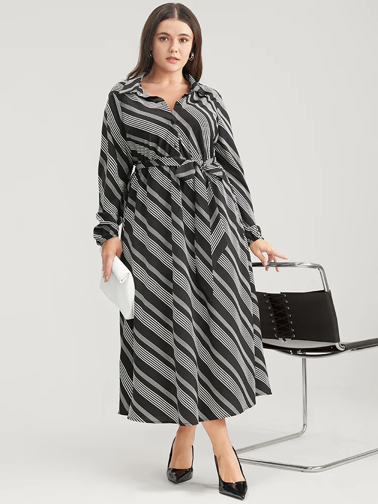 Striped Lantern Sleeve Pocket Belted Lapel Collar Dress - Image 3