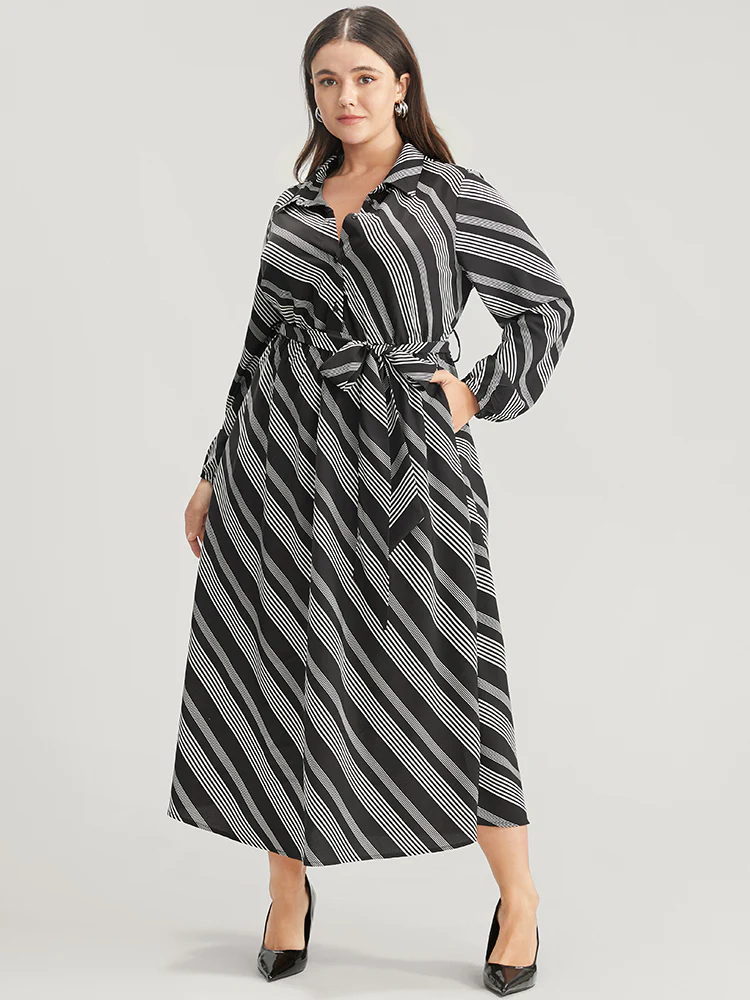 Striped Lantern Sleeve Pocket Belted Lapel Collar Dress - Image 4