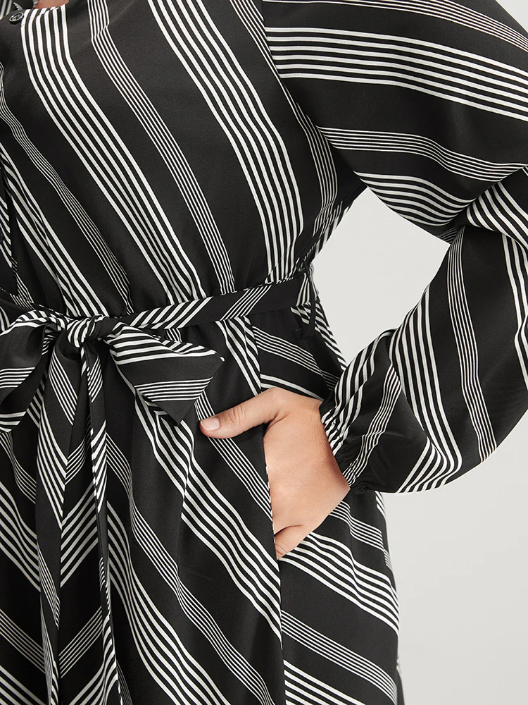 Striped Lantern Sleeve Pocket Belted Lapel Collar Dress - Image 5