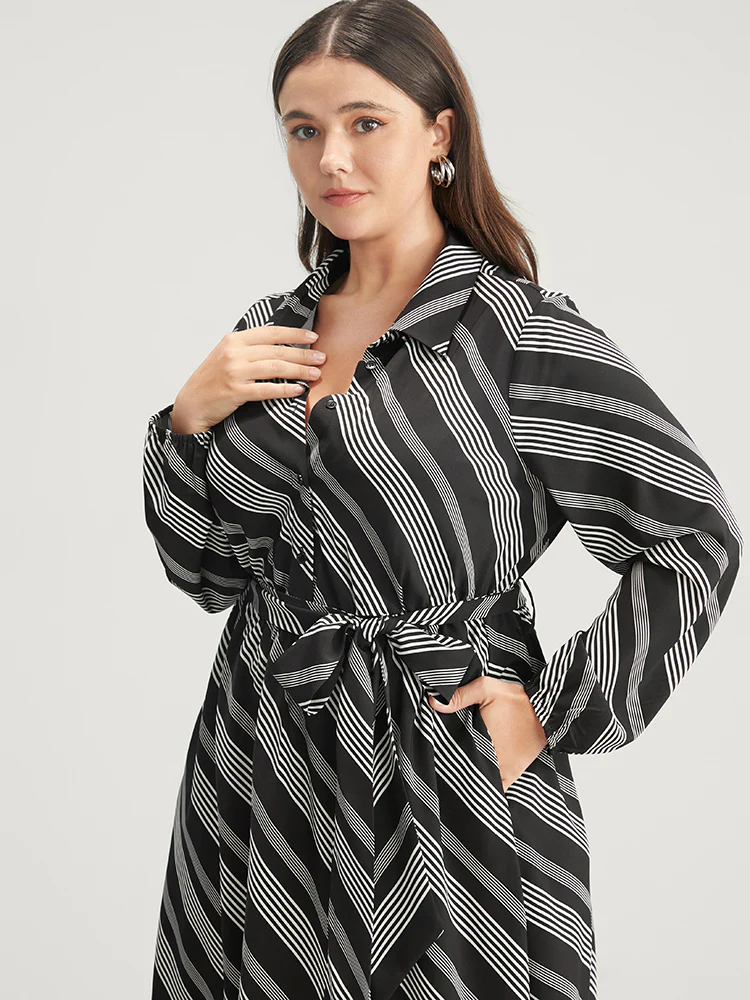 Striped Lantern Sleeve Pocket Belted Lapel Collar Dress - Image 6