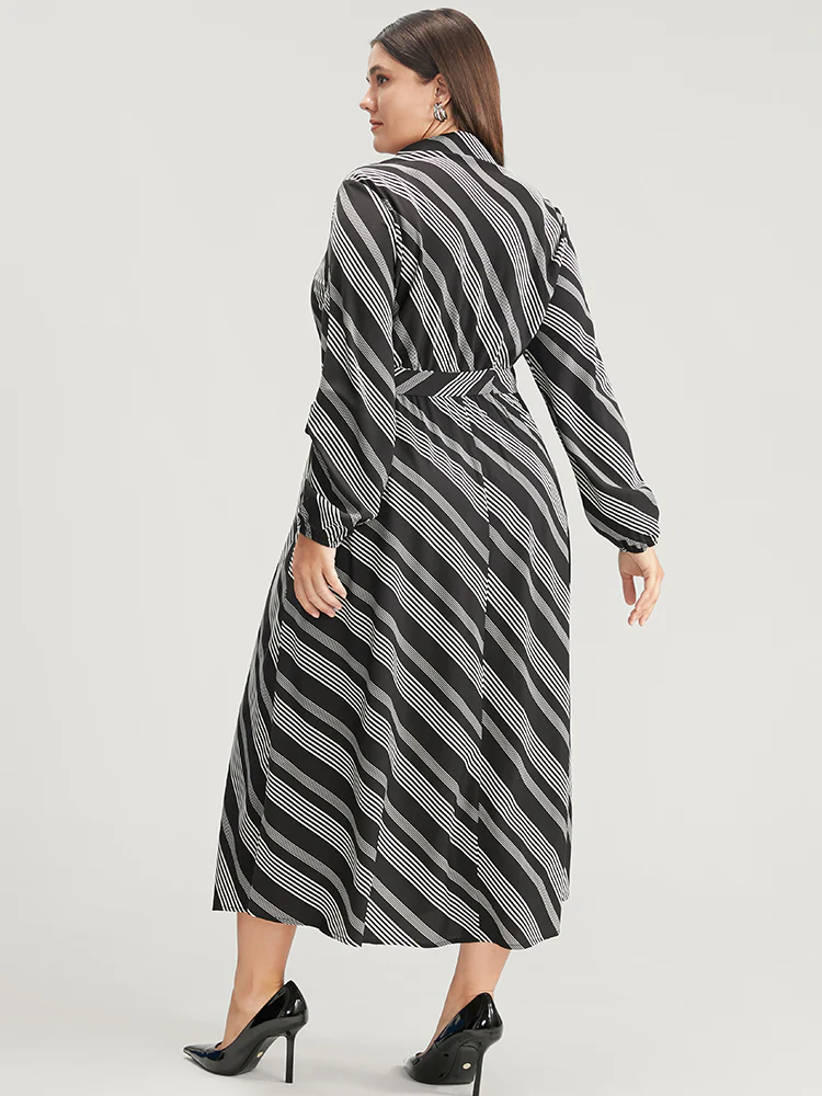 Striped Lantern Sleeve Pocket Belted Lapel Collar Dress - Image 7