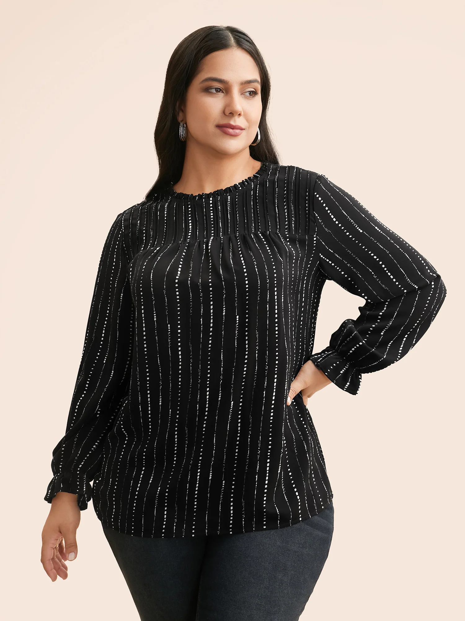 Striped Lantern Sleeve Ruffles Blouse