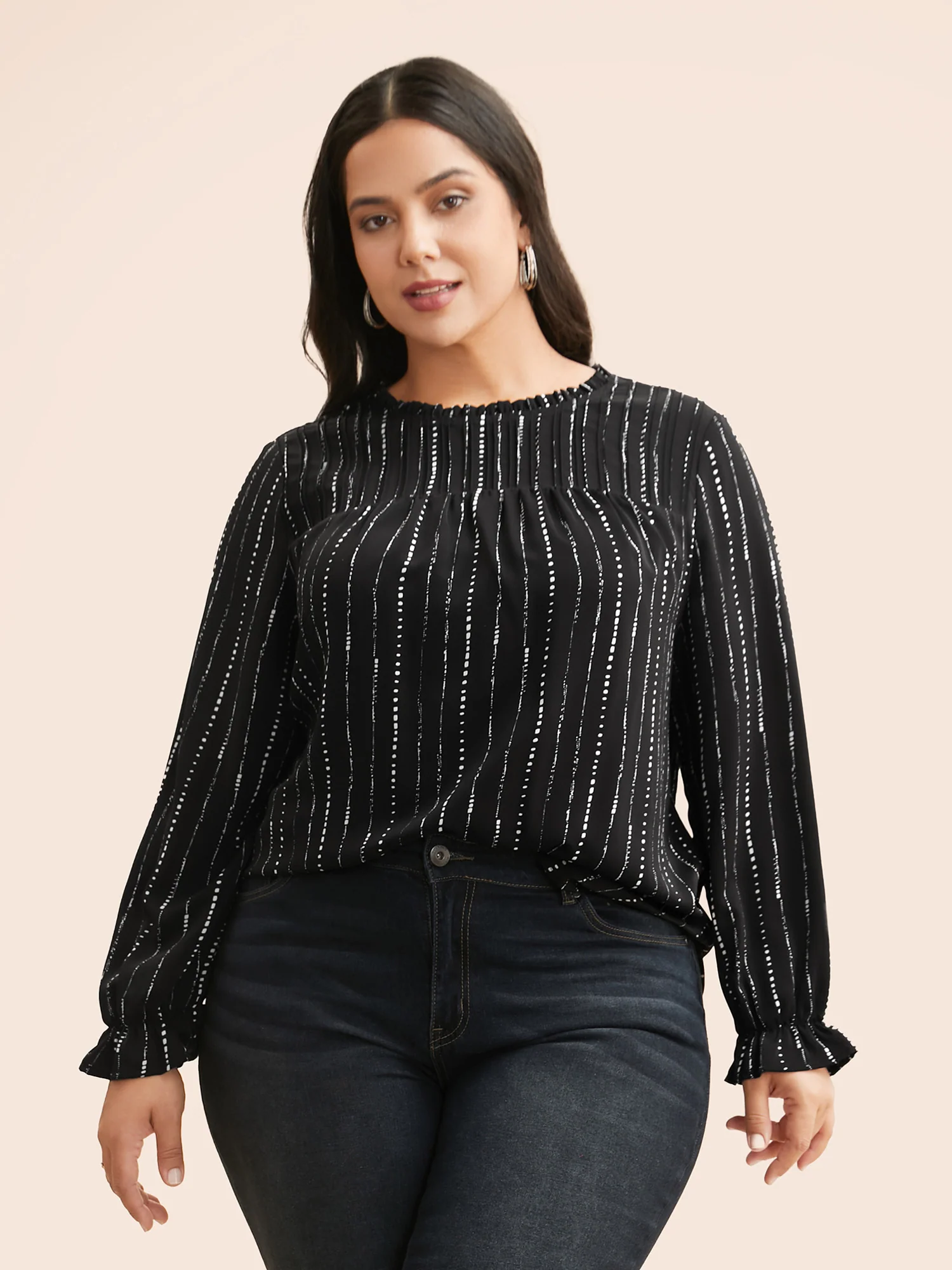 Striped Lantern Sleeve Ruffles Blouse - Image 2