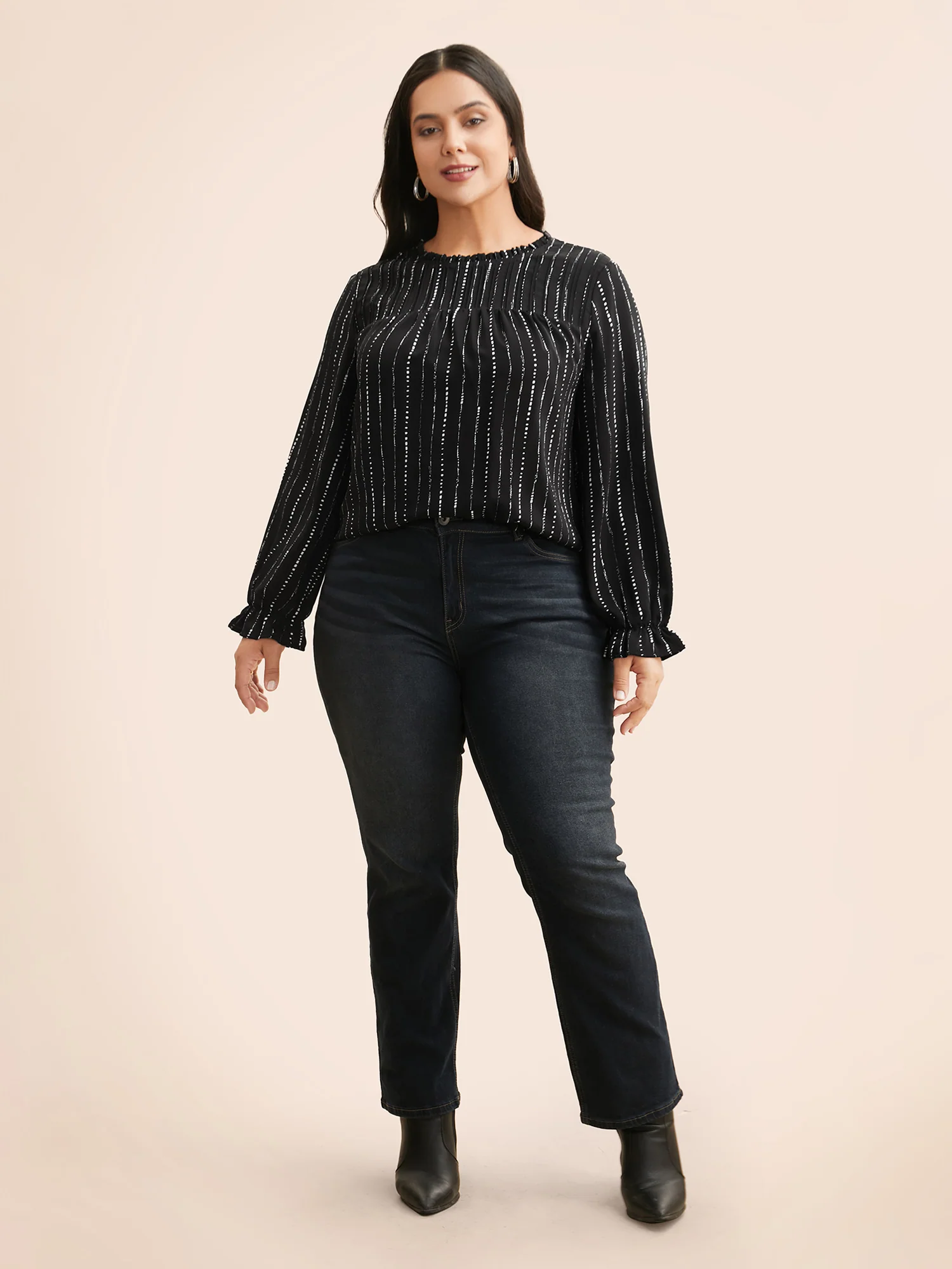 Striped Lantern Sleeve Ruffles Blouse - Image 3