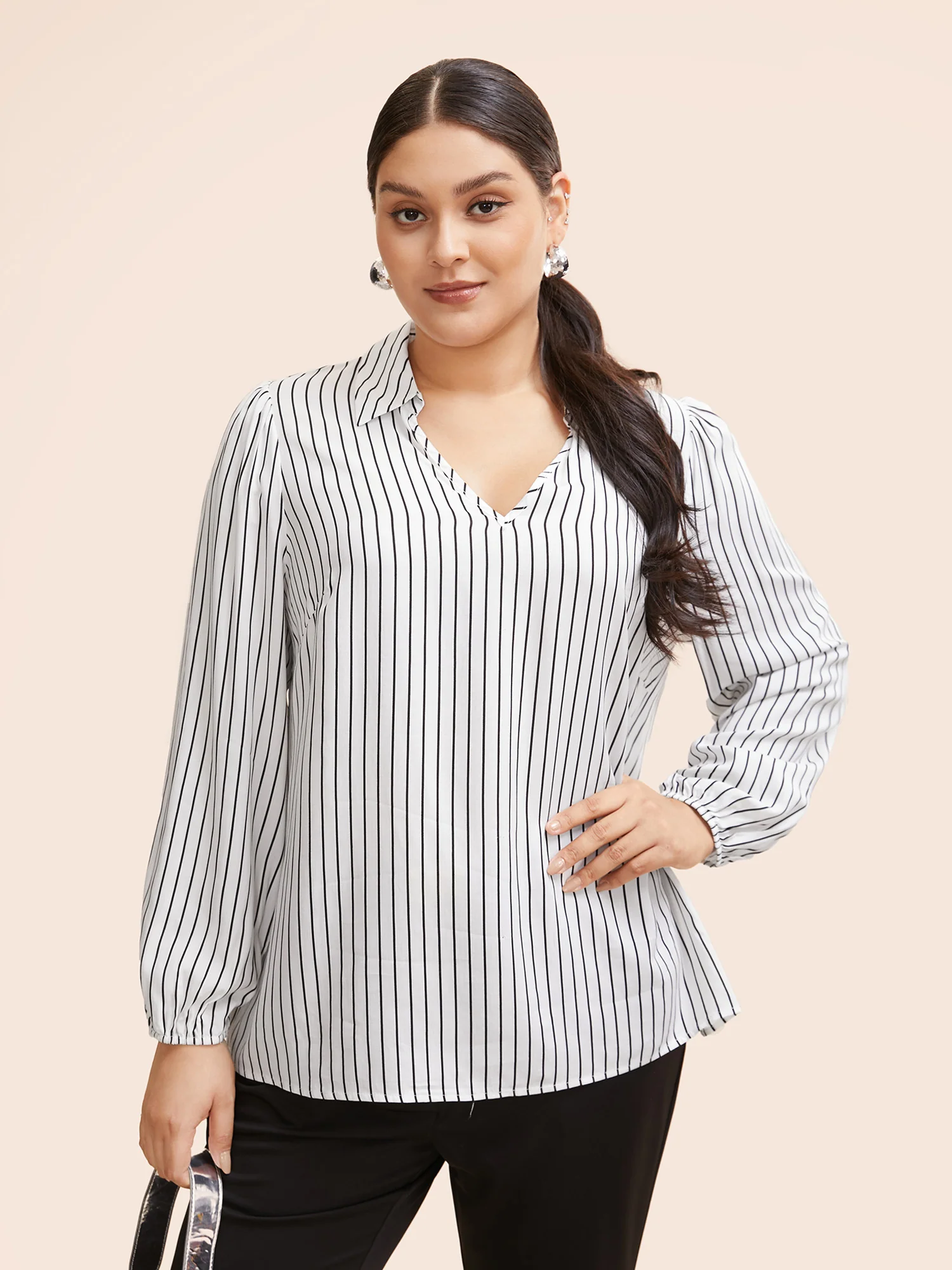 Striped Lapel Collar Lantern Sleeve Blouse - Image 2