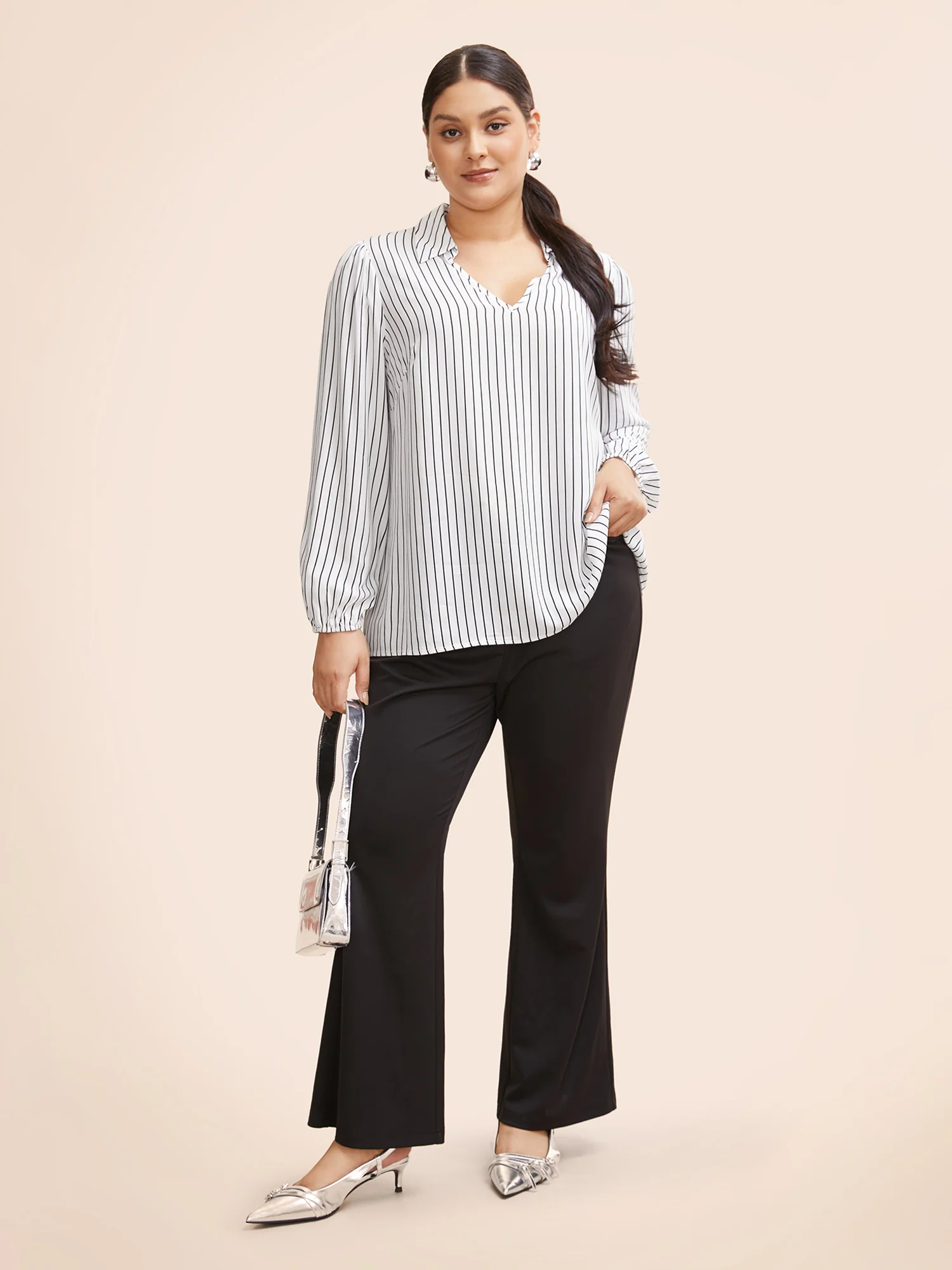 Striped Lapel Collar Lantern Sleeve Blouse - Image 3
