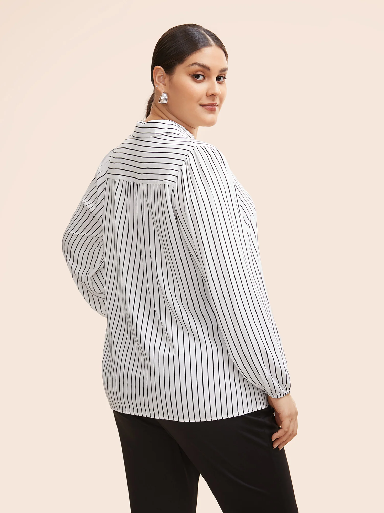 Striped Lapel Collar Lantern Sleeve Blouse - Image 4