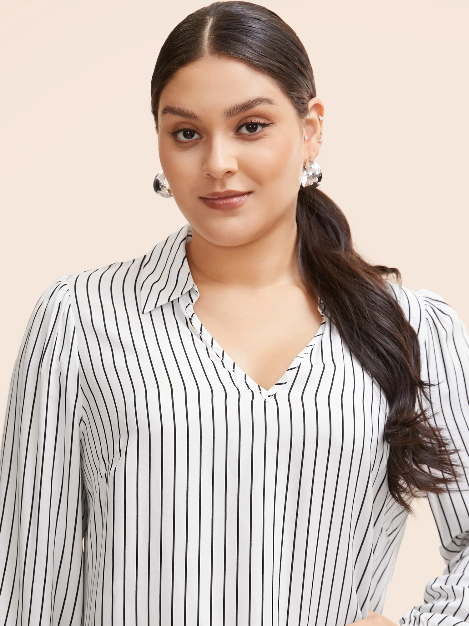 Striped Lapel Collar Lantern Sleeve Blouse - Image 5