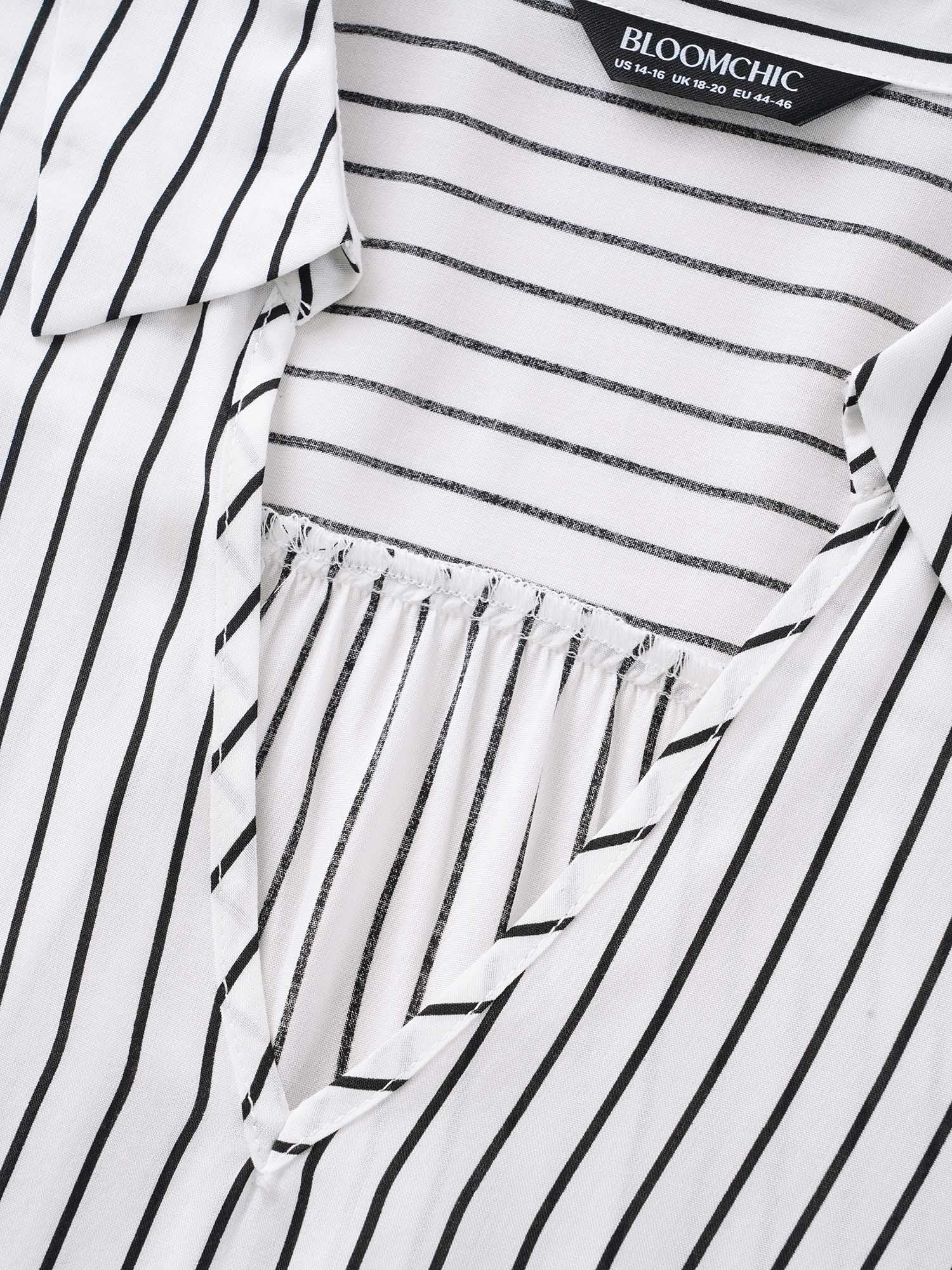 Striped Lapel Collar Lantern Sleeve Blouse - Image 6