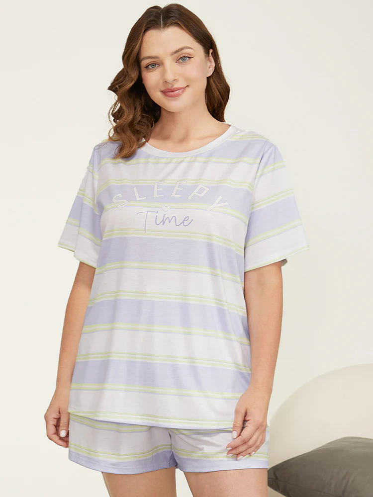 Sleepy Striped Print Pocket Contrast Pajama Top