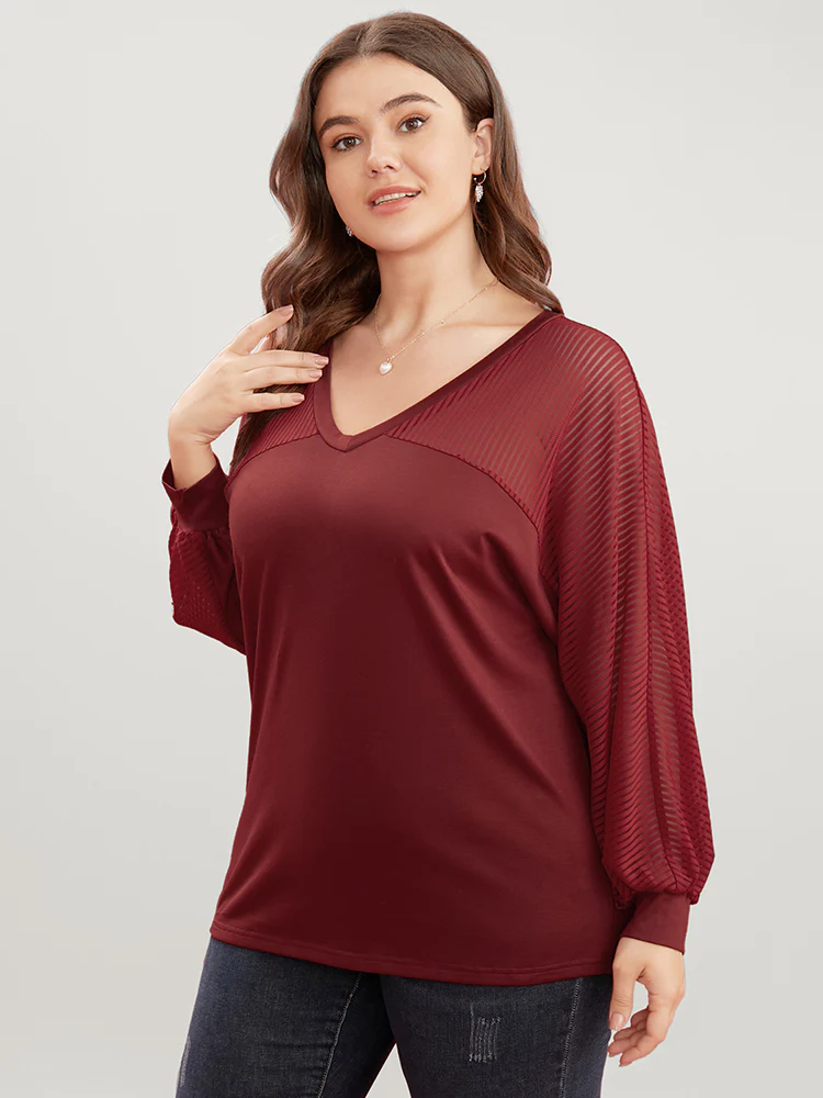 Striped Mesh Patchwork Dolman Sleeve V Neck Long Tee - Image 2