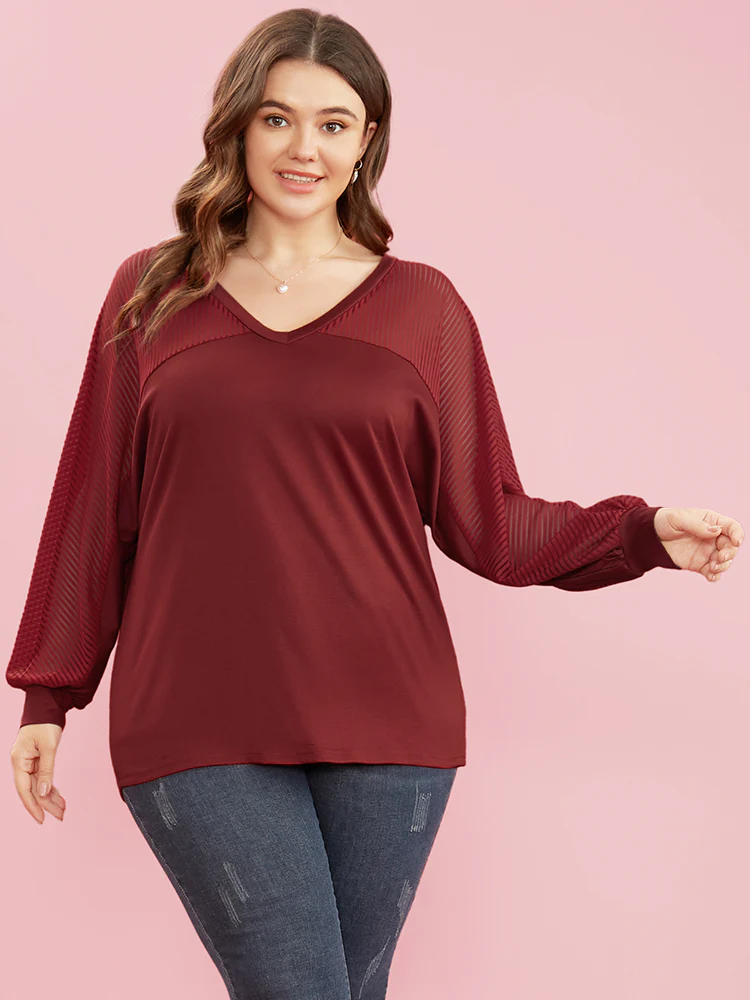 Striped Mesh Patchwork Dolman Sleeve V Neck Long Tee - Image 3