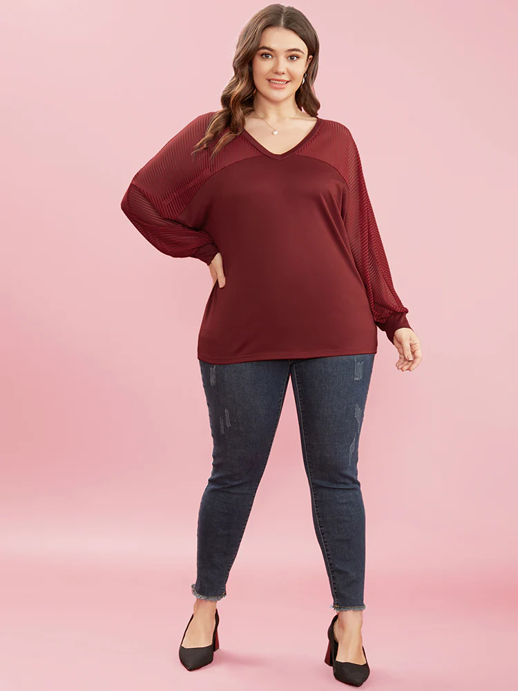 Striped Mesh Patchwork Dolman Sleeve V Neck Long Tee - Image 4